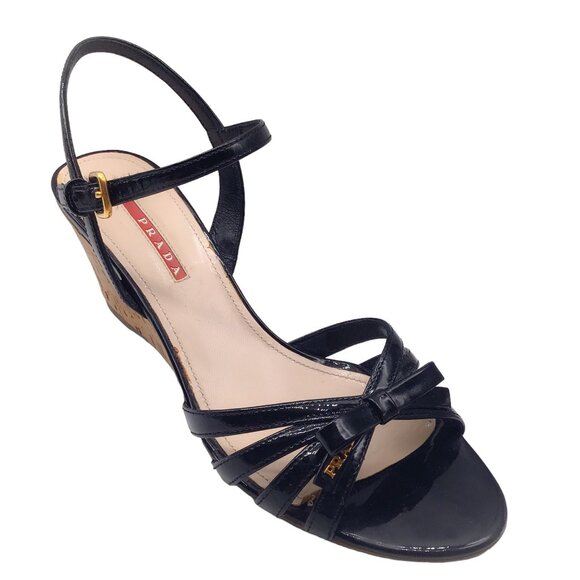 Prada Black Wedge Sandals with Glossy Straps - Picture 1 of 7